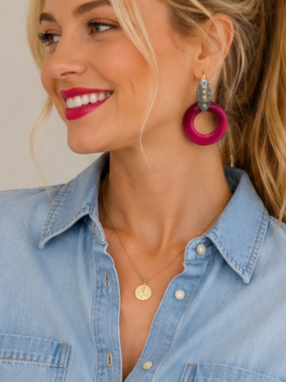 Magenta Hoop Drop Earrings - Women Jewelry